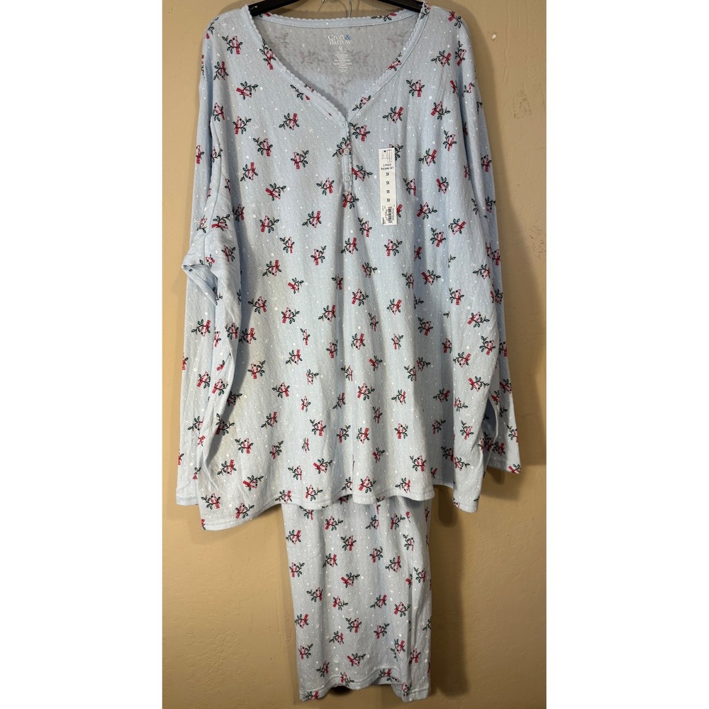 Croft & Barrow Pajama‎ Set Women 3X Blue Cardinal Holiday Long Sleeve Henley NEW